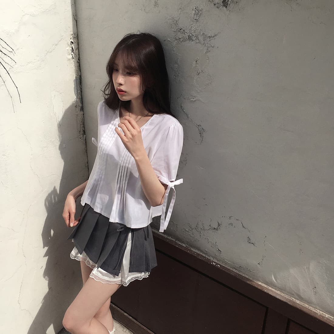 있음 선적 사이즈 업데이트 한국 chic 여름 새로운 프랑스식 커프스 레이스업 품격 주름 미니멀리즘 반팔 셔츠 상세 이미지 31