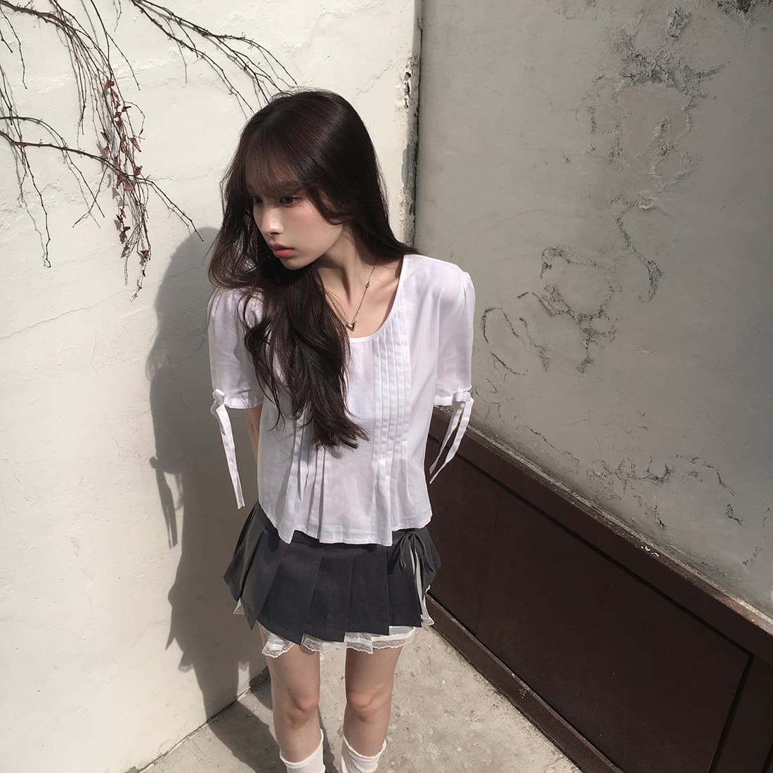 있음 선적 사이즈 업데이트 한국 chic 여름 새로운 프랑스식 커프스 레이스업 품격 주름 미니멀리즘 반팔 셔츠 상세 이미지 32