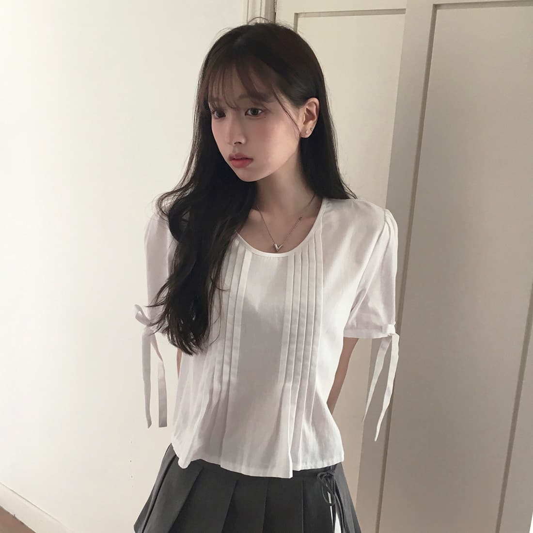 있음 선적 사이즈 업데이트 한국 chic 여름 새로운 프랑스식 커프스 레이스업 품격 주름 미니멀리즘 반팔 셔츠 상세 이미지 33