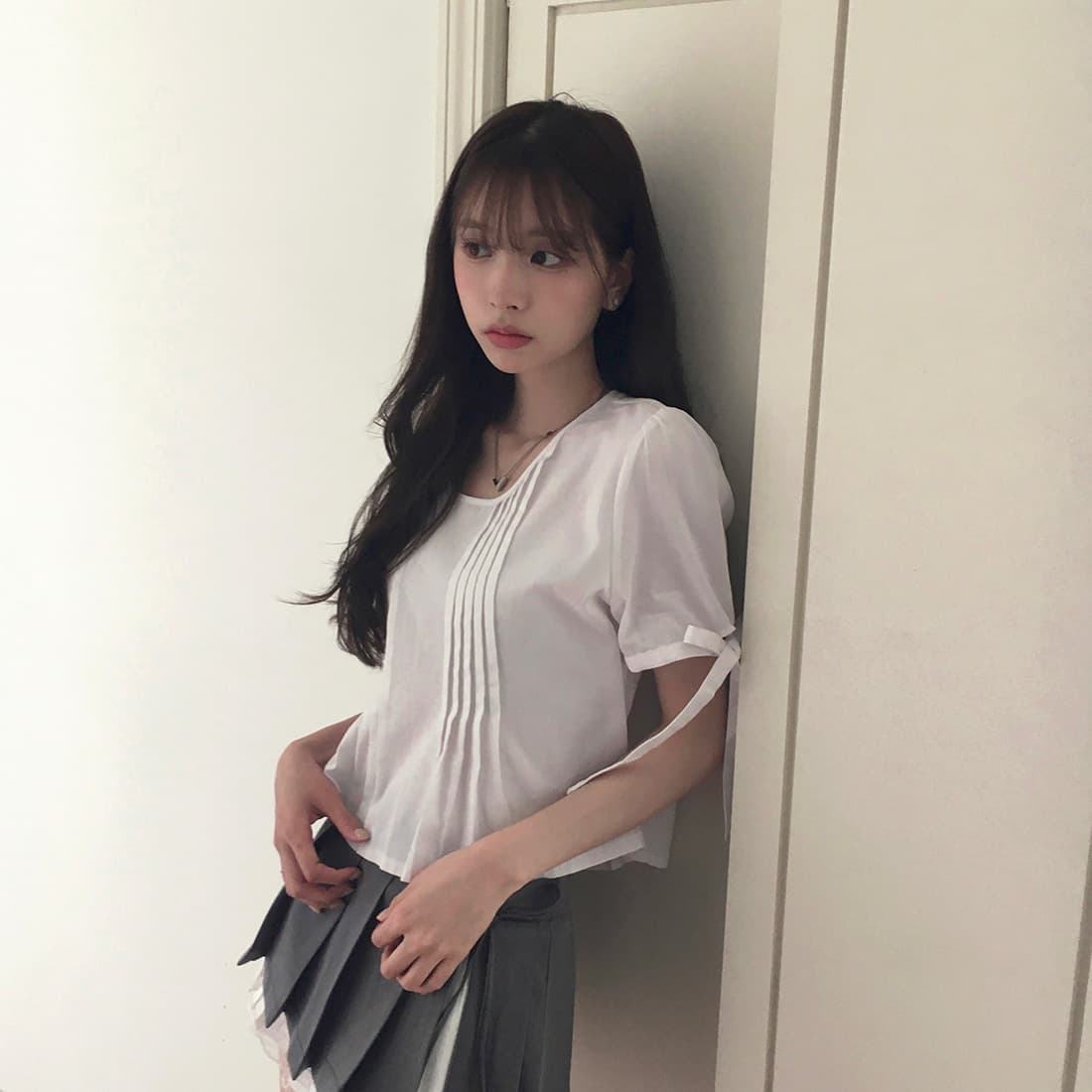 있음 선적 사이즈 업데이트 한국 chic 여름 새로운 프랑스식 커프스 레이스업 품격 주름 미니멀리즘 반팔 셔츠 상세 이미지 34