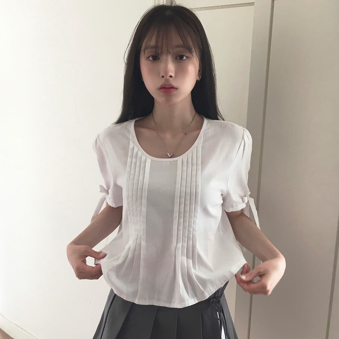 있음 선적 사이즈 업데이트 한국 chic 여름 새로운 프랑스식 커프스 레이스업 품격 주름 미니멀리즘 반팔 셔츠 상세 이미지 35