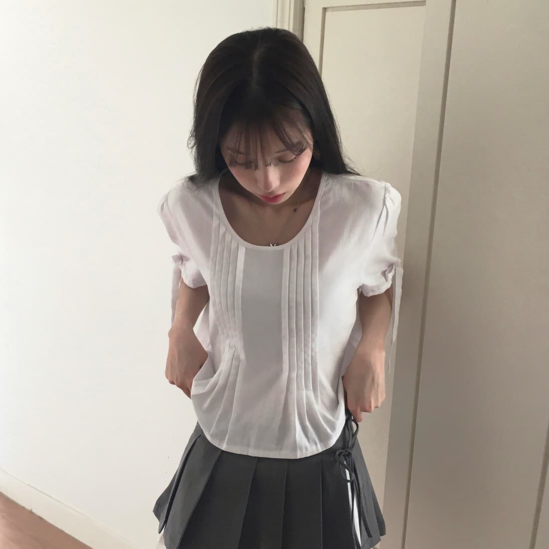있음 선적 사이즈 업데이트 한국 chic 여름 새로운 프랑스식 커프스 레이스업 품격 주름 미니멀리즘 반팔 셔츠 상세 이미지 36