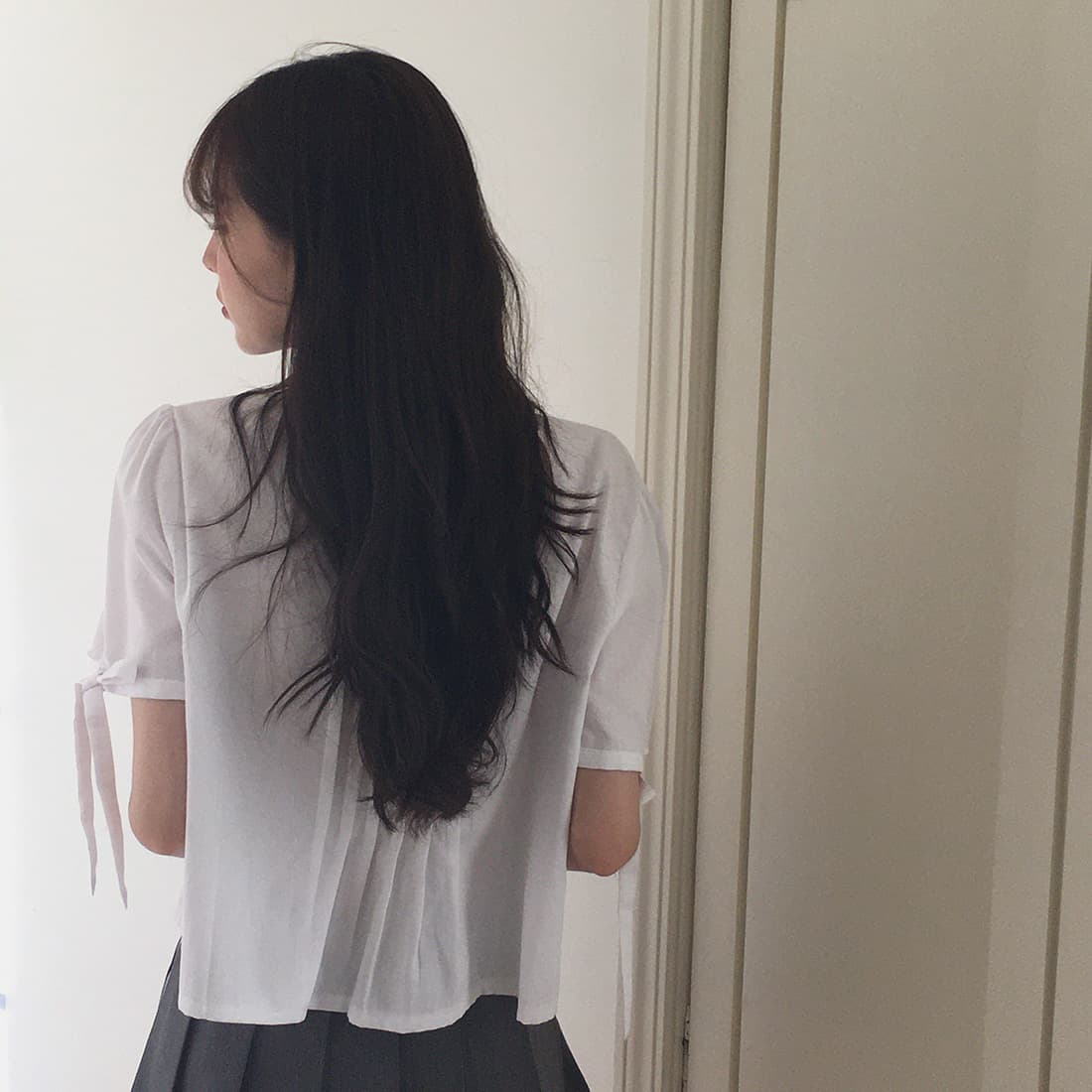 있음 선적 사이즈 업데이트 한국 chic 여름 새로운 프랑스식 커프스 레이스업 품격 주름 미니멀리즘 반팔 셔츠 상세 이미지 37