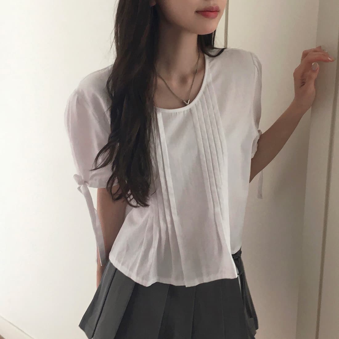 있음 선적 사이즈 업데이트 한국 chic 여름 새로운 프랑스식 커프스 레이스업 품격 주름 미니멀리즘 반팔 셔츠 상세 이미지 38