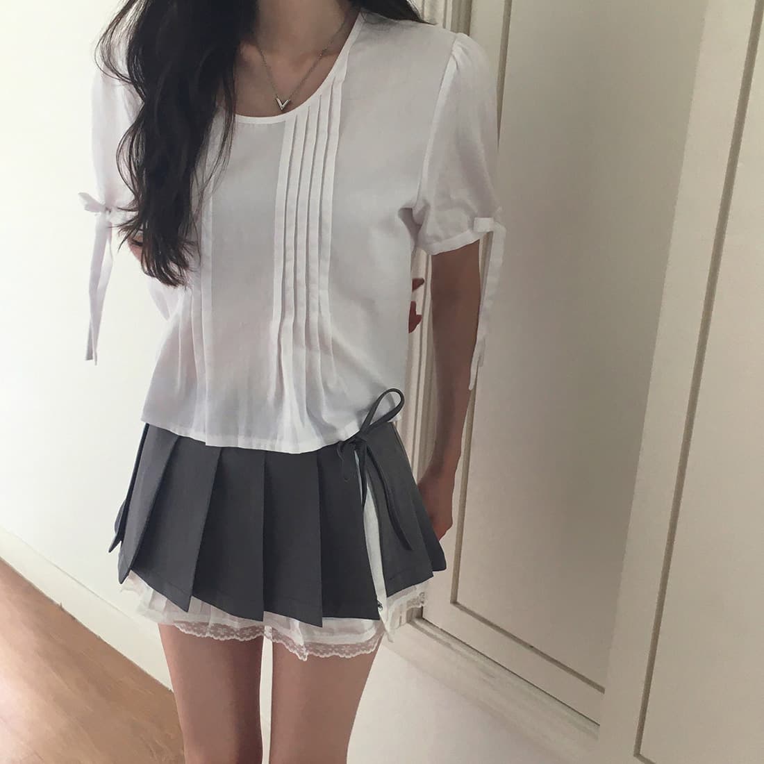 있음 선적 사이즈 업데이트 한국 chic 여름 새로운 프랑스식 커프스 레이스업 품격 주름 미니멀리즘 반팔 셔츠 상세 이미지 39
