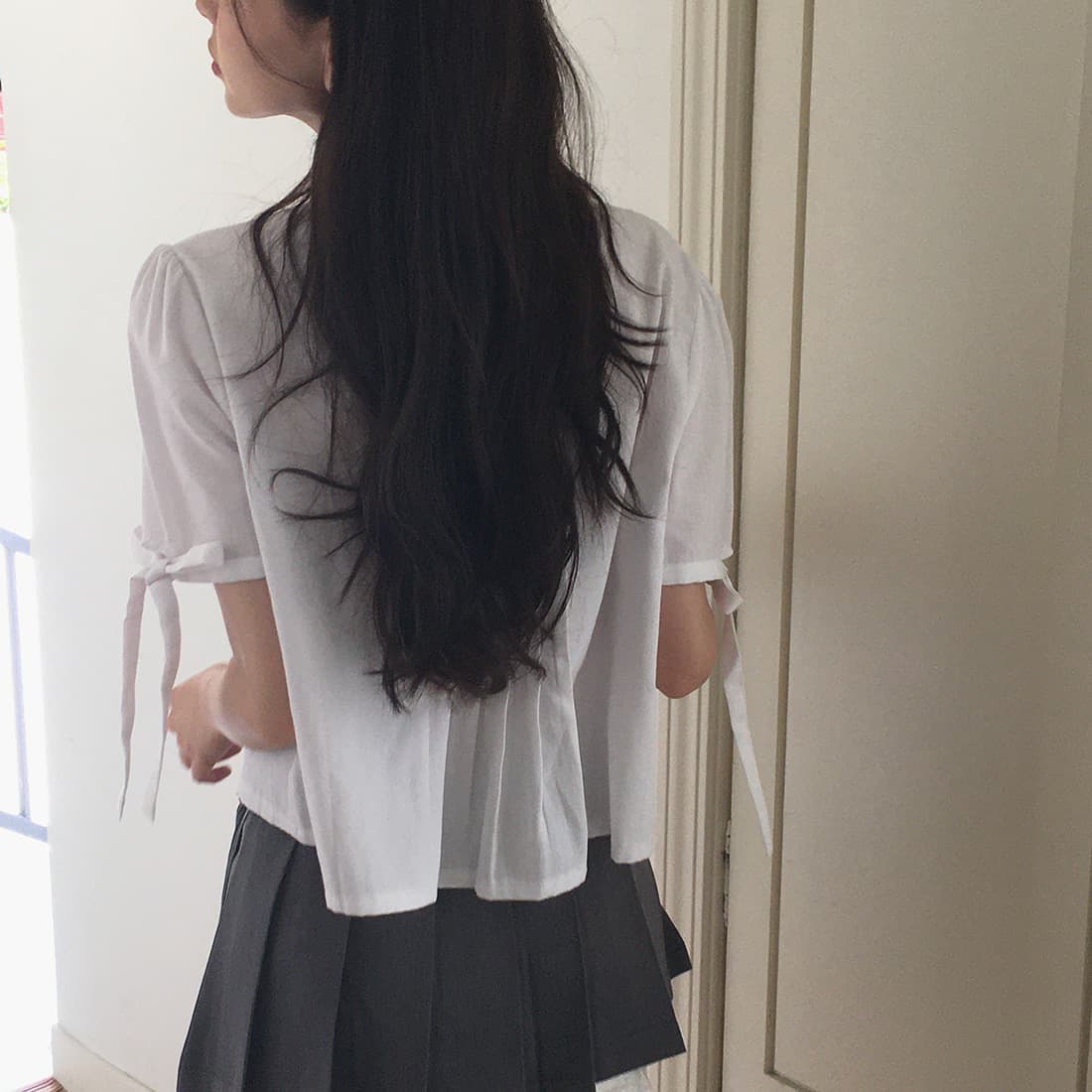 있음 선적 사이즈 업데이트 한국 chic 여름 새로운 프랑스식 커프스 레이스업 품격 주름 미니멀리즘 반팔 셔츠 상세 이미지 40