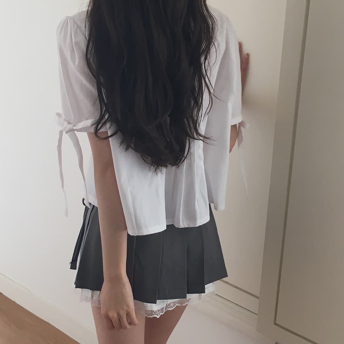 있음 선적 사이즈 업데이트 한국 chic 여름 새로운 프랑스식 커프스 레이스업 품격 주름 미니멀리즘 반팔 셔츠 상세 이미지 41