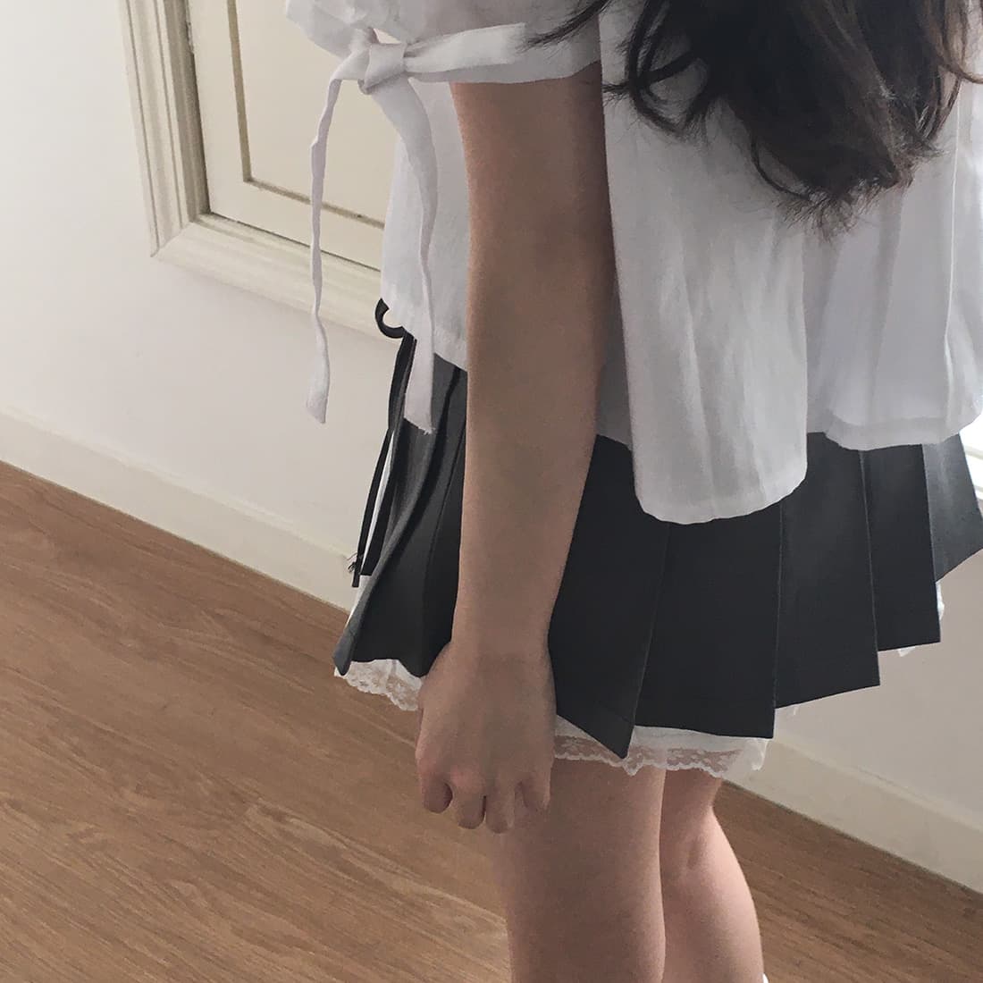 있음 선적 사이즈 업데이트 한국 chic 여름 새로운 프랑스식 커프스 레이스업 품격 주름 미니멀리즘 반팔 셔츠 상세 이미지 43