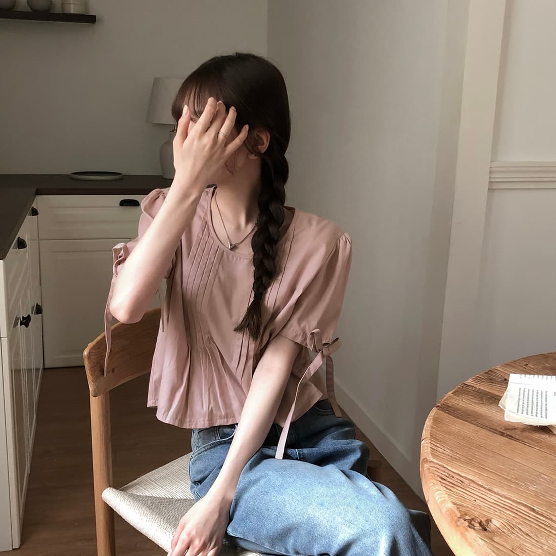있음 선적 사이즈 업데이트 한국 chic 여름 새로운 프랑스식 커프스 레이스업 품격 주름 미니멀리즘 반팔 셔츠 상세 이미지 44