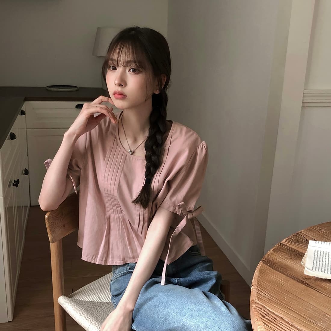 있음 선적 사이즈 업데이트 한국 chic 여름 새로운 프랑스식 커프스 레이스업 품격 주름 미니멀리즘 반팔 셔츠 상세 이미지 45