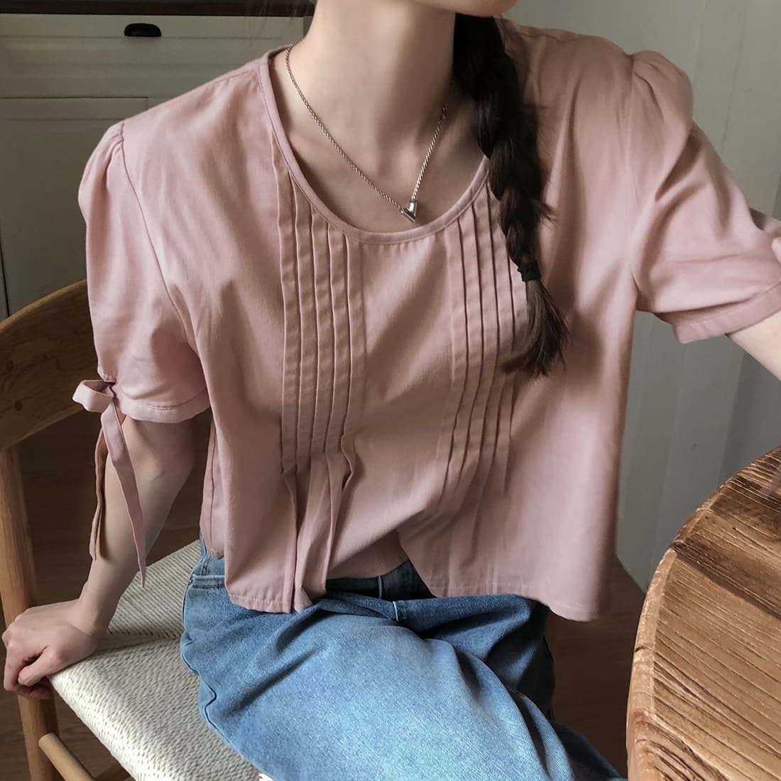 있음 선적 사이즈 업데이트 한국 chic 여름 새로운 프랑스식 커프스 레이스업 품격 주름 미니멀리즘 반팔 셔츠 상세 이미지 46