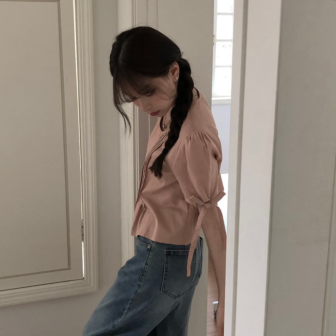 있음 선적 사이즈 업데이트 한국 chic 여름 새로운 프랑스식 커프스 레이스업 품격 주름 미니멀리즘 반팔 셔츠 상세 이미지 48