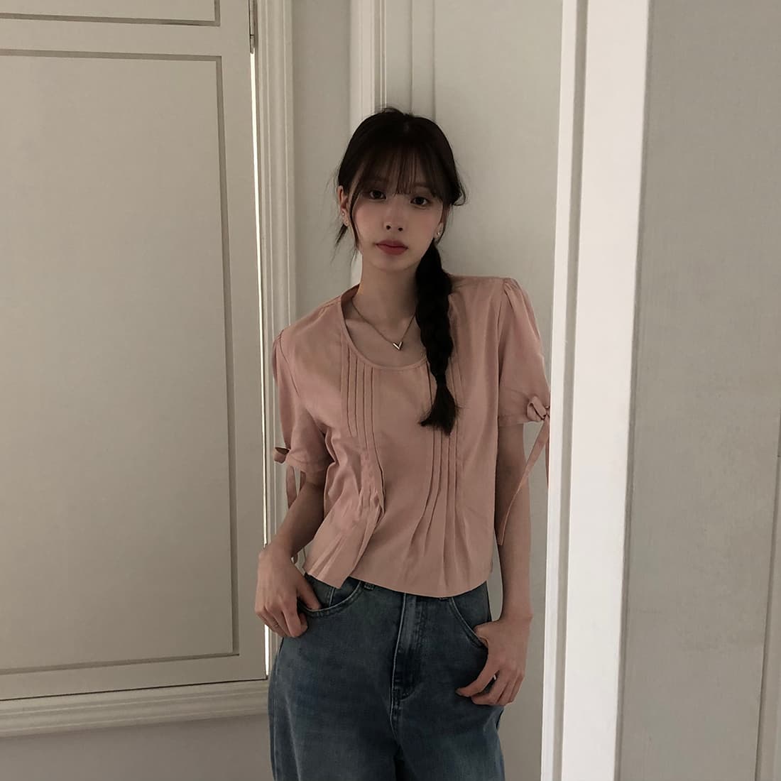 있음 선적 사이즈 업데이트 한국 chic 여름 새로운 프랑스식 커프스 레이스업 품격 주름 미니멀리즘 반팔 셔츠 상세 이미지 49