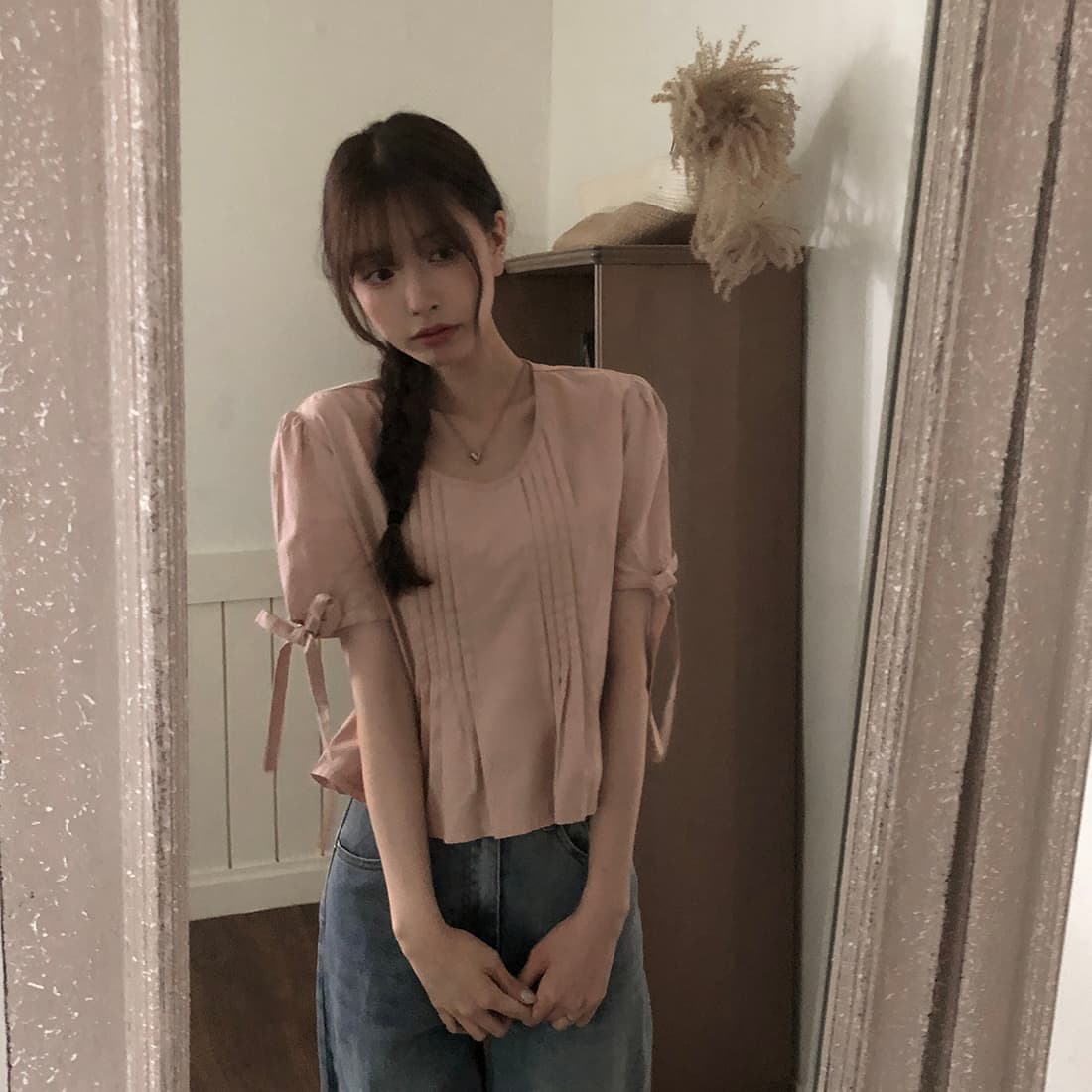 있음 선적 사이즈 업데이트 한국 chic 여름 새로운 프랑스식 커프스 레이스업 품격 주름 미니멀리즘 반팔 셔츠 상세 이미지 52