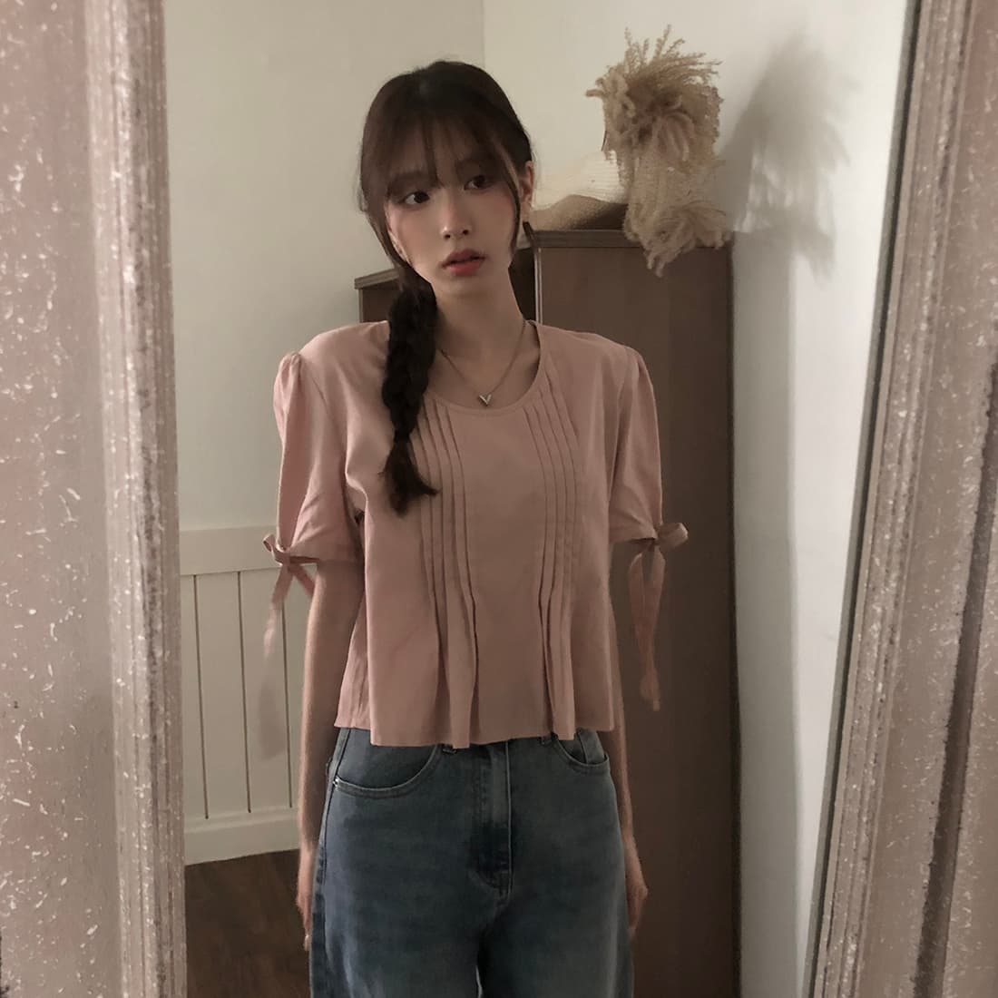 있음 선적 사이즈 업데이트 한국 chic 여름 새로운 프랑스식 커프스 레이스업 품격 주름 미니멀리즘 반팔 셔츠 상세 이미지 53