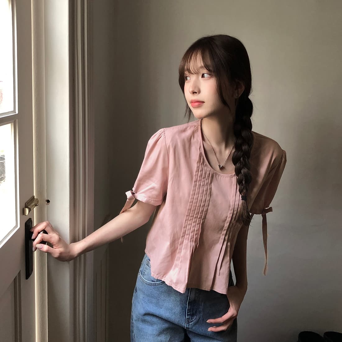 있음 선적 사이즈 업데이트 한국 chic 여름 새로운 프랑스식 커프스 레이스업 품격 주름 미니멀리즘 반팔 셔츠 상세 이미지 55
