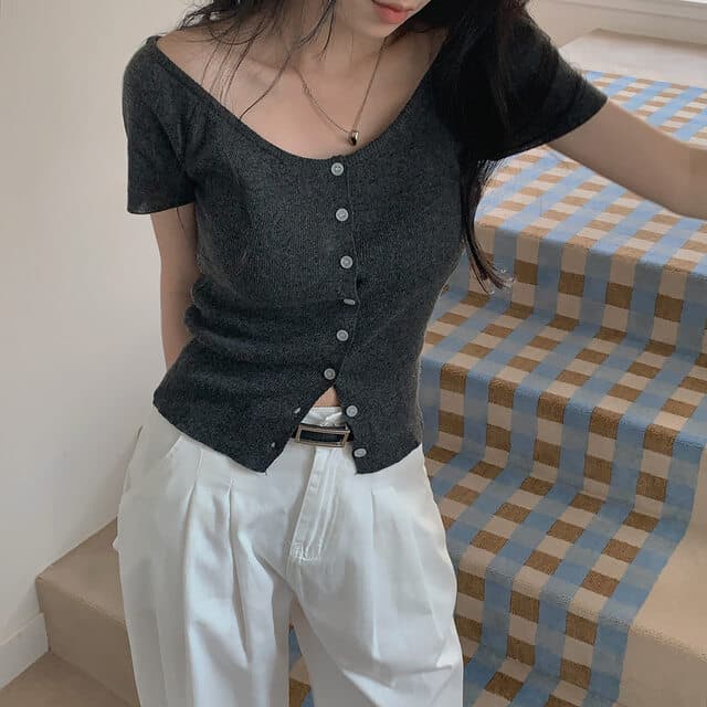 있음 선적 사이즈 업데이트 한국 chic 여름 새로운 V넥 오프숄더 니트 스웨터 여성 몸매 가꾸기 슬림해 보이는 맨위 상세 이미지 44