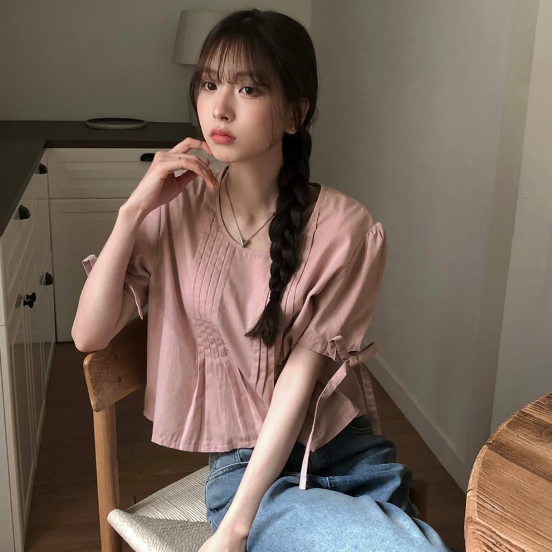 있음 선적 사이즈 업데이트 한국 chic 여름 새로운 프랑스식 커프스 레이스업 품격 주름 미니멀리즘 반팔 셔츠