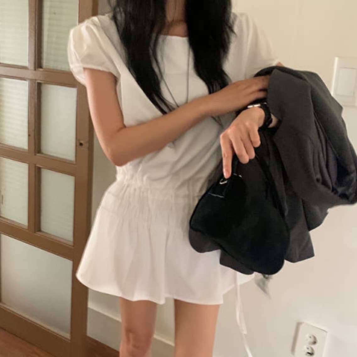 있음 선적 사이즈 업데이트 한국 chic 여름 새로운 프랑스식 디자인 센스 밴딩 펌프 로프 쇼트 스타일 드레스 이미지 5