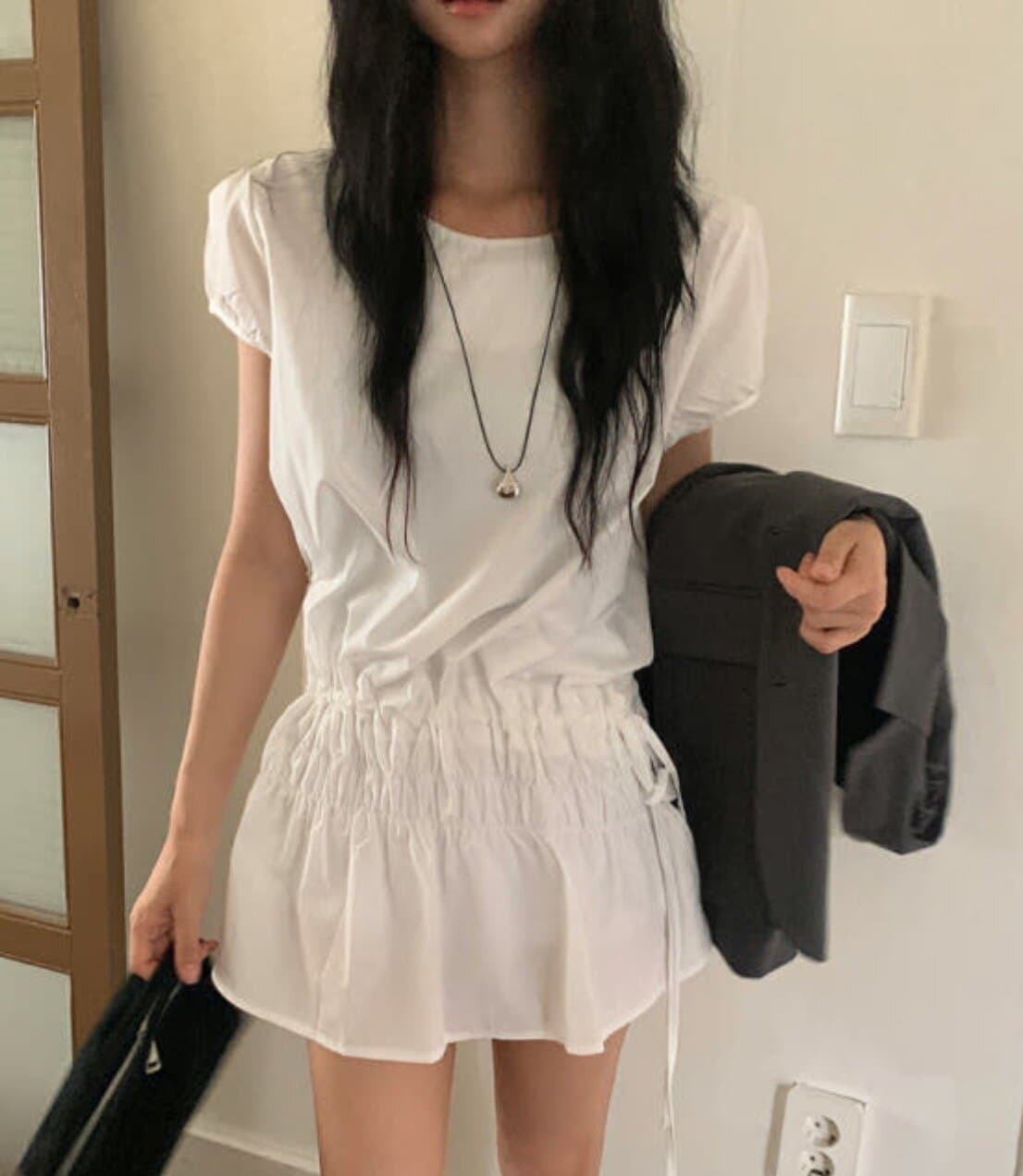 있음 선적 사이즈 업데이트 한국 chic 여름 새로운 프랑스식 디자인 센스 밴딩 펌프 로프 쇼트 스타일 드레스