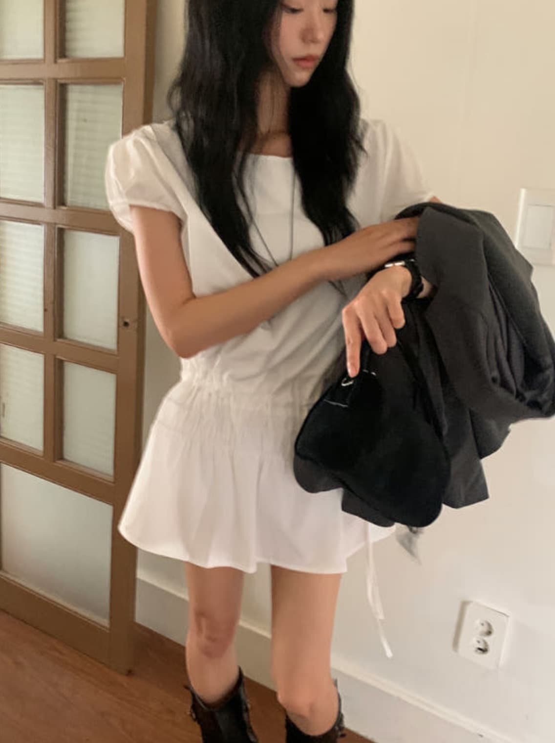 있음 선적 사이즈 업데이트 한국 chic 여름 새로운 프랑스식 디자인 센스 밴딩 펌프 로프 쇼트 스타일 드레스 상세 이미지 1
