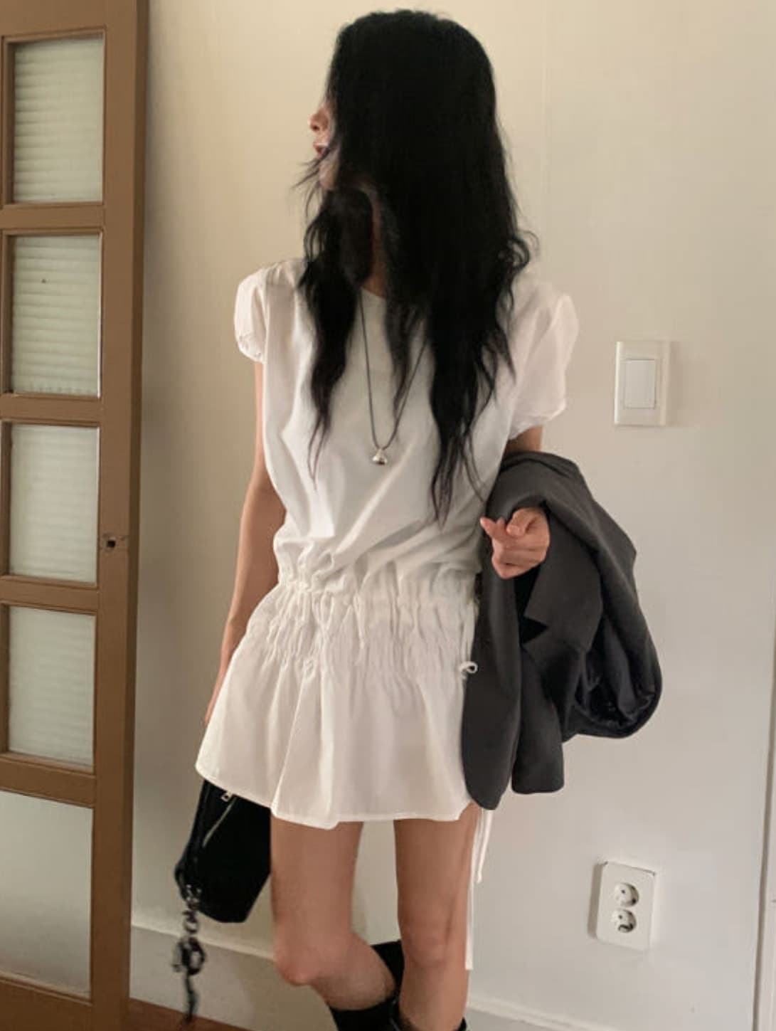 있음 선적 사이즈 업데이트 한국 chic 여름 새로운 프랑스식 디자인 센스 밴딩 펌프 로프 쇼트 스타일 드레스 상세 이미지 6
