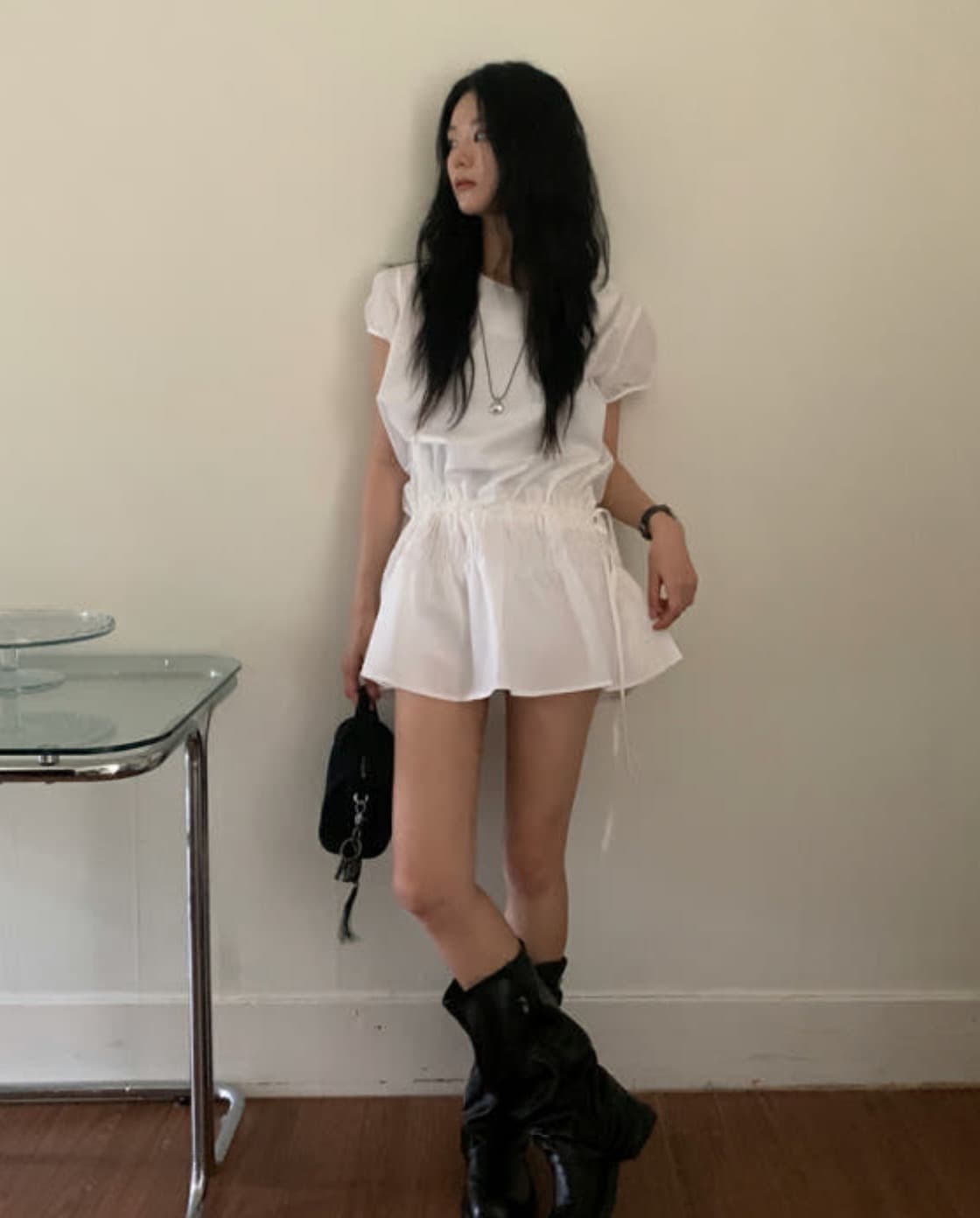 있음 선적 사이즈 업데이트 한국 chic 여름 새로운 프랑스식 디자인 센스 밴딩 펌프 로프 쇼트 스타일 드레스 상세 이미지 8