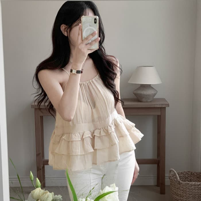 있음 선적 사이즈 업데이트 한국 chic 여름 새로운 얇은 스타일 달콤함 품격 다중 레이어 레이스 진자 캐미솔 이미지 3