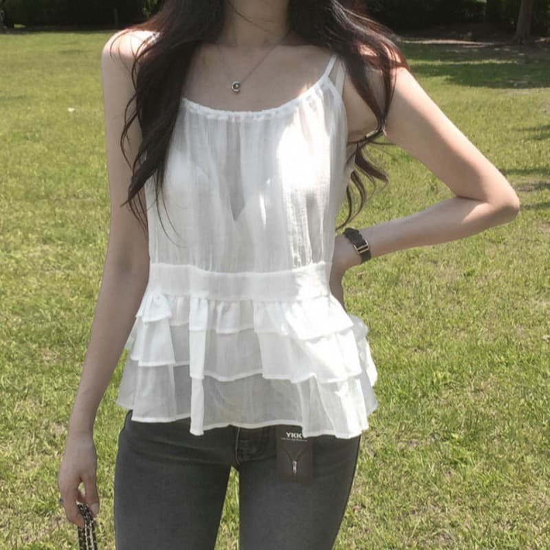 있음 선적 사이즈 업데이트 한국 chic 여름 새로운 얇은 스타일 달콤함 품격 다중 레이어 레이스 진자 캐미솔 이미지 5