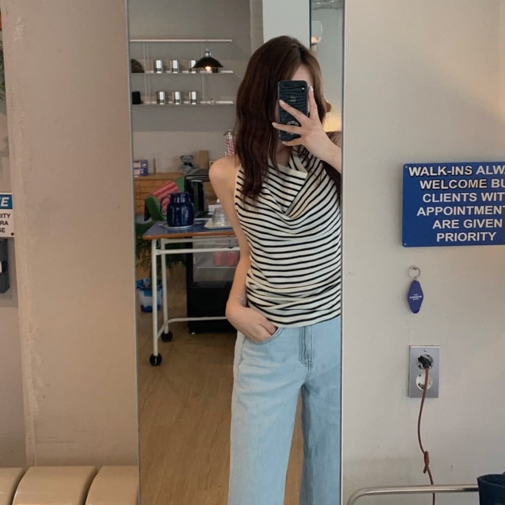한국 chic 여름 새로운 ins 달콤함 섹시함 행침 목 말뚝 더미 칼라 스트라이프 백리스 니트 스웨터 이미지 3