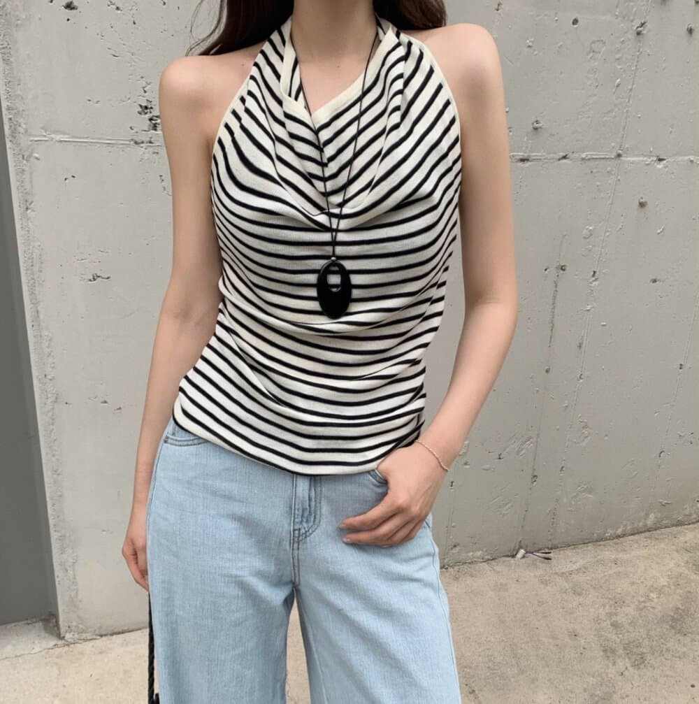 한국 chic 여름 새로운 ins 달콤함 섹시함 행침 목 말뚝 더미 칼라 스트라이프 백리스 니트 스웨터