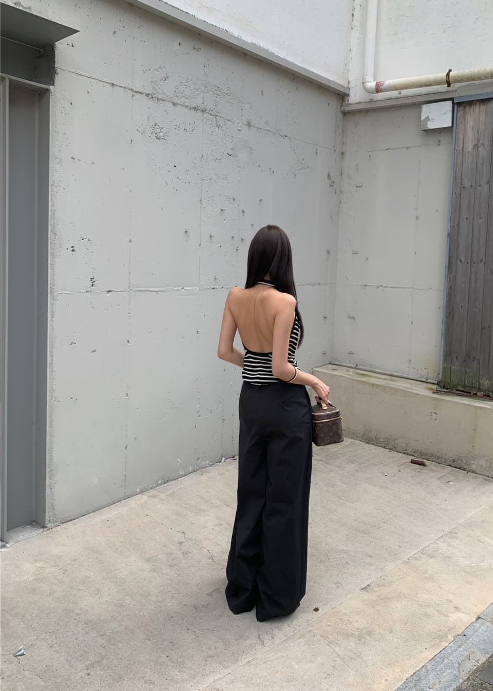 한국 chic 여름 새로운 ins 달콤함 섹시함 행침 목 말뚝 더미 칼라 스트라이프 백리스 니트 스웨터 상세 이미지 3