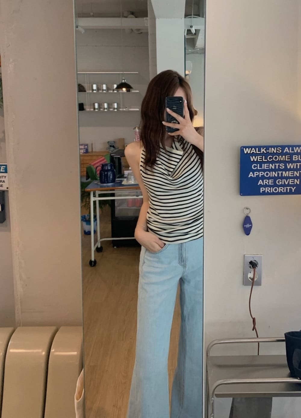 한국 chic 여름 새로운 ins 달콤함 섹시함 행침 목 말뚝 더미 칼라 스트라이프 백리스 니트 스웨터 상세 이미지 6