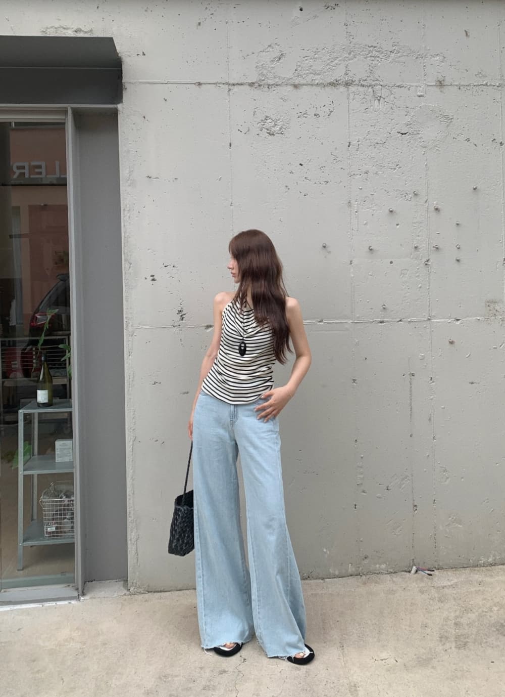 한국 chic 여름 새로운 ins 달콤함 섹시함 행침 목 말뚝 더미 칼라 스트라이프 백리스 니트 스웨터 상세 이미지 7