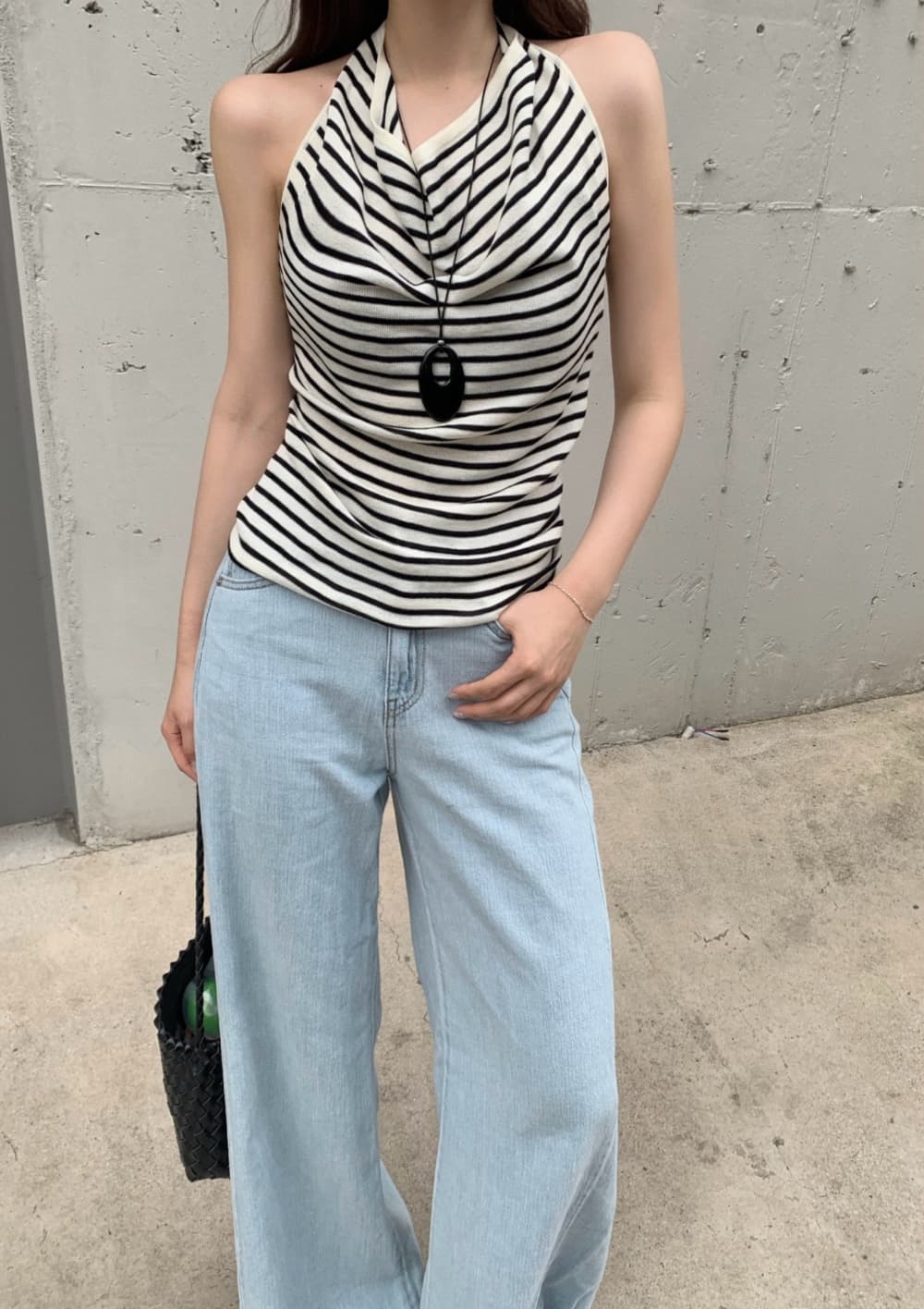 한국 chic 여름 새로운 ins 달콤함 섹시함 행침 목 말뚝 더미 칼라 스트라이프 백리스 니트 스웨터 상세 이미지 8