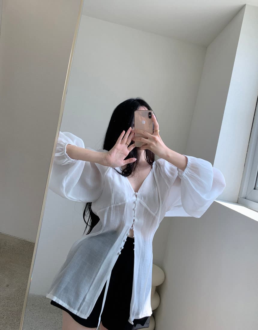 있음 선적 사이즈 업데이트 한국 chic 여름 새로운 V넥 레이스업 거품 소매 슬림해 보이는 싱글 줄 버튼 셔츠 상세 이미지 1