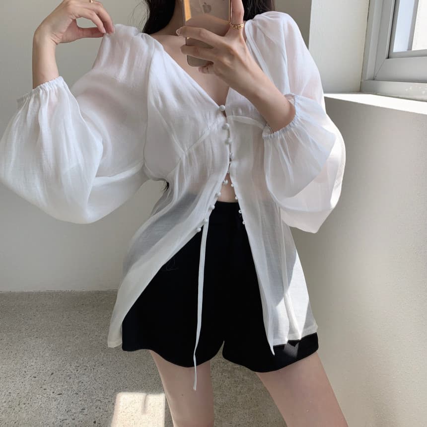 있음 선적 사이즈 업데이트 한국 chic 여름 새로운 V넥 레이스업 거품 소매 슬림해 보이는 싱글 줄 버튼 셔츠 상세 이미지 10