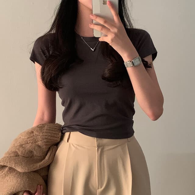 있음 선적 사이즈 업데이트 chic 미니멀리즘 라운드 넥 기초 섹션 반팔 티셔츠 여성 편안함 다용도 슬림해 보이는 맨위