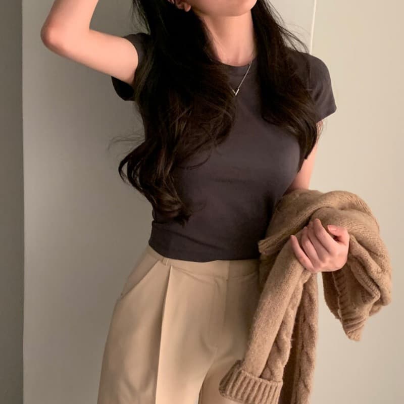 있음 선적 사이즈 업데이트 chic 미니멀리즘 라운드 넥 기초 섹션 반팔 티셔츠 여성 편안함 다용도 슬림해 보이는 맨위 이미지 3