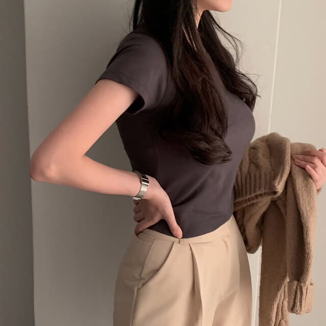 있음 선적 사이즈 업데이트 chic 미니멀리즘 라운드 넥 기초 섹션 반팔 티셔츠 여성 편안함 다용도 슬림해 보이는 맨위 상세 이미지 5