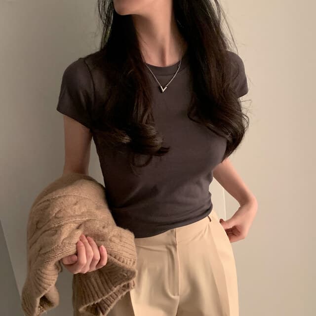 있음 선적 사이즈 업데이트 chic 미니멀리즘 라운드 넥 기초 섹션 반팔 티셔츠 여성 편안함 다용도 슬림해 보이는 맨위 상세 이미지 7