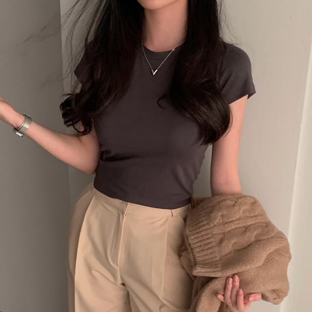 있음 선적 사이즈 업데이트 chic 미니멀리즘 라운드 넥 기초 섹션 반팔 티셔츠 여성 편안함 다용도 슬림해 보이는 맨위 상세 이미지 8