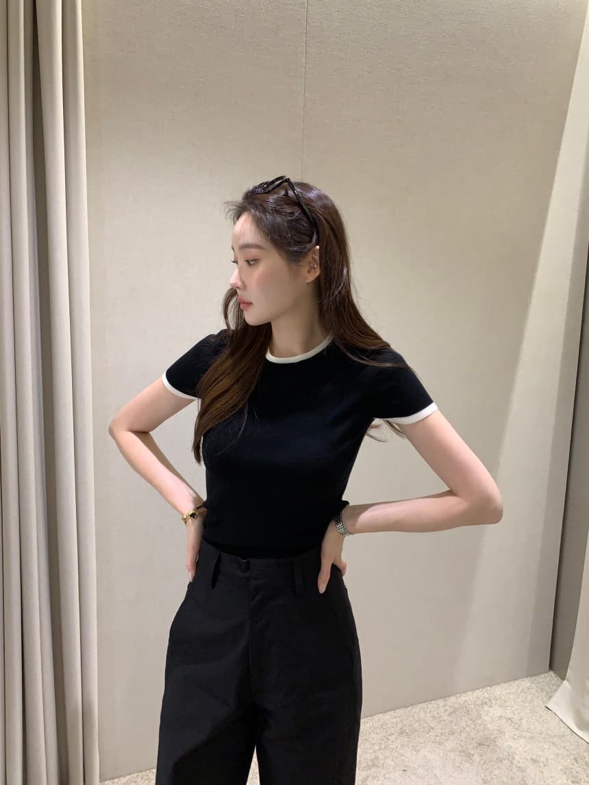 있음 선적 사이즈 업데이트 한국 chic 여름 새로운 얇은 스타일 프랑스식 배색 품격 반팔 니트 스웨터 상세 이미지 15