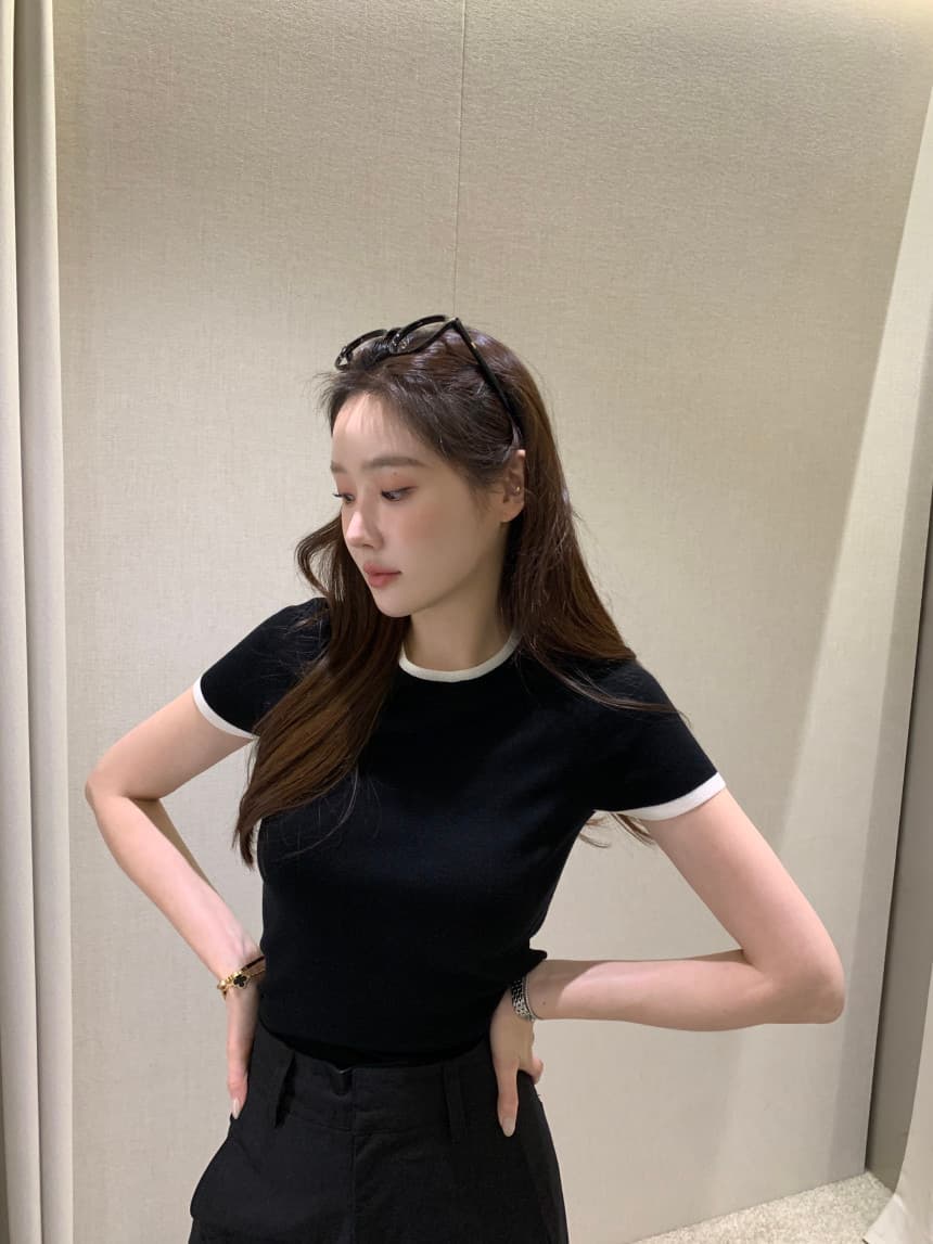 있음 선적 사이즈 업데이트 한국 chic 여름 새로운 얇은 스타일 프랑스식 배색 품격 반팔 니트 스웨터 상세 이미지 16