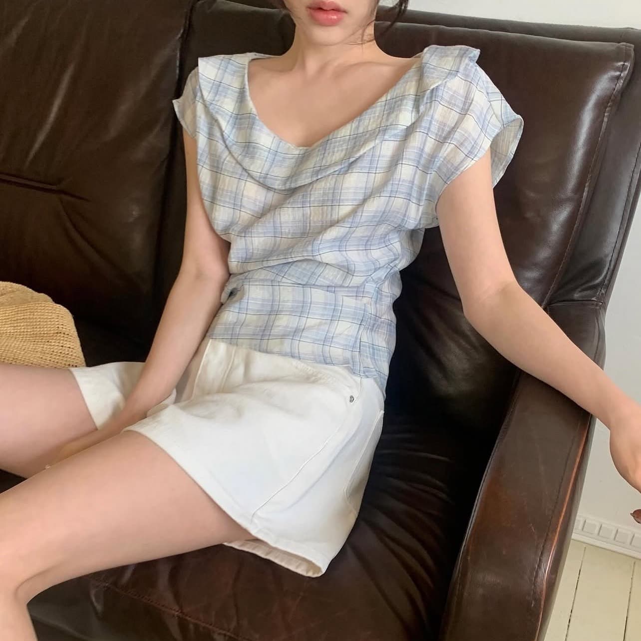 있음 선적 사이즈 업데이트 한국 chic 여름 새로운 레트로 달콤함 체크무늬 얇은 스타일 프릴 반팔 셔츠 이미지 5