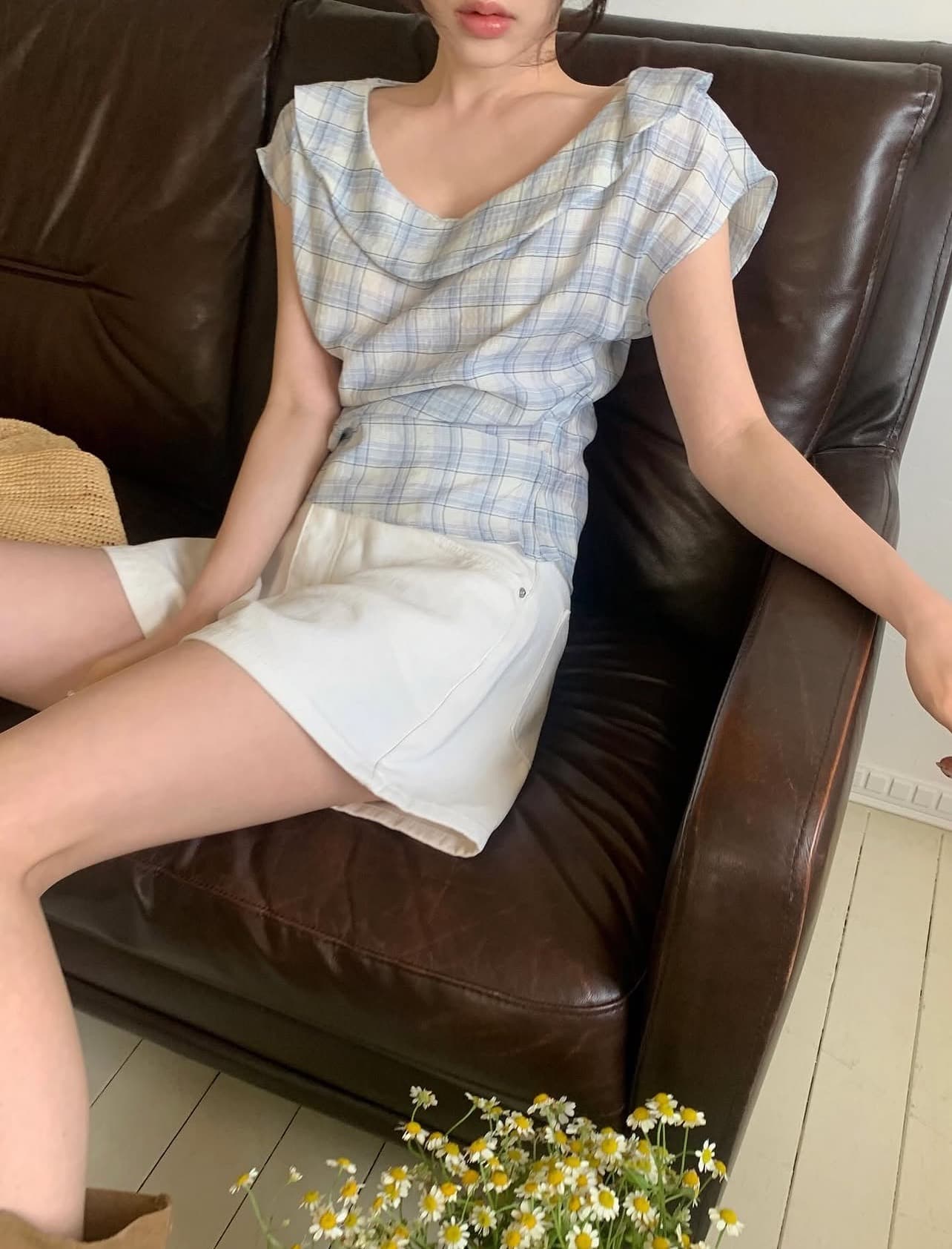 있음 선적 사이즈 업데이트 한국 chic 여름 새로운 레트로 달콤함 체크무늬 얇은 스타일 프릴 반팔 셔츠 상세 이미지 5