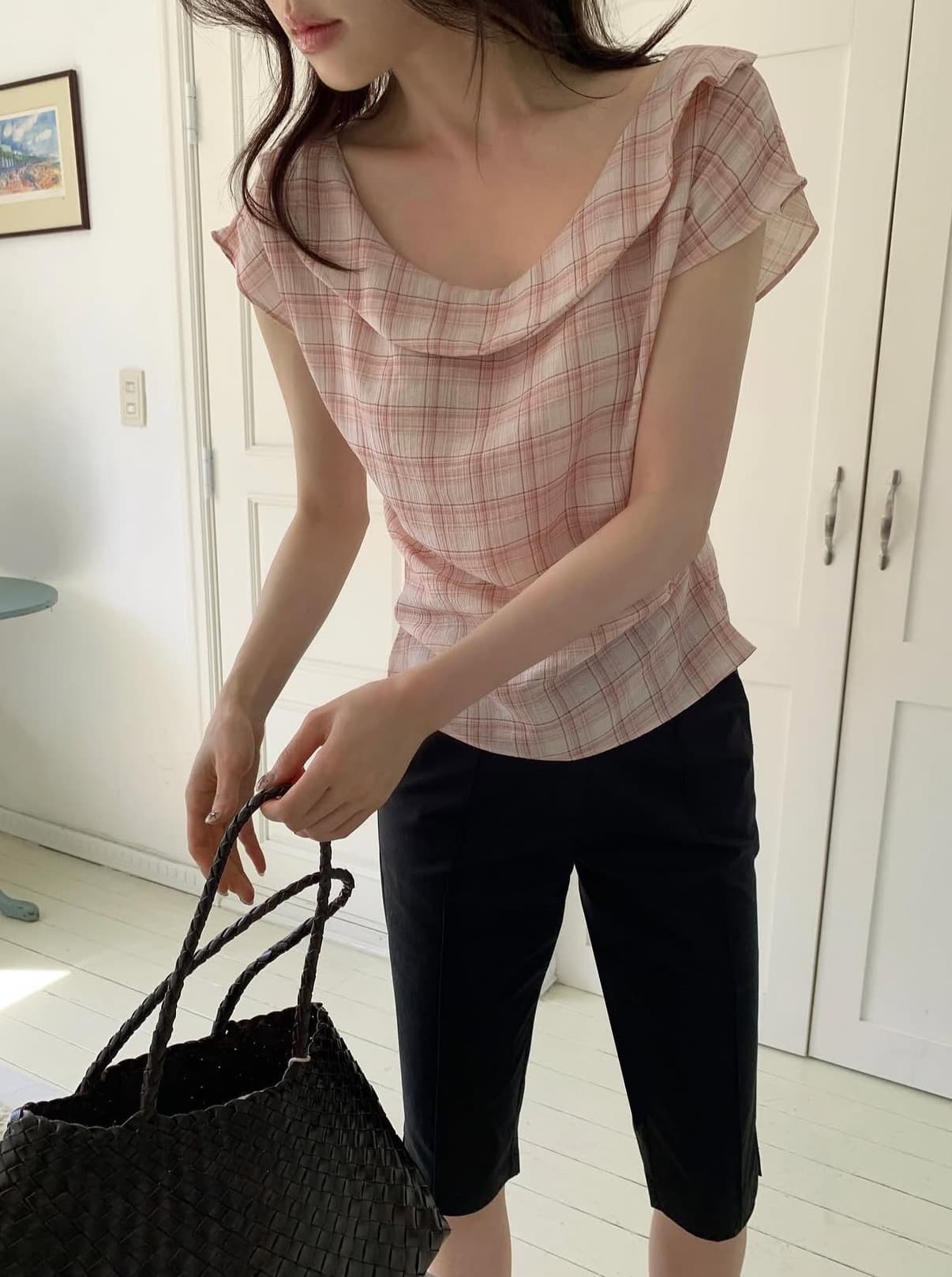 있음 선적 사이즈 업데이트 한국 chic 여름 새로운 레트로 달콤함 체크무늬 얇은 스타일 프릴 반팔 셔츠 상세 이미지 11