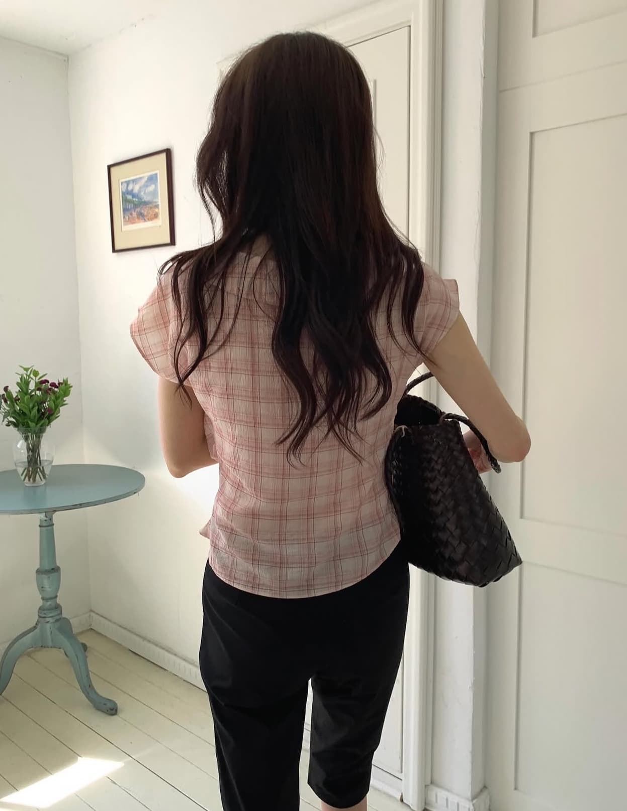 있음 선적 사이즈 업데이트 한국 chic 여름 새로운 레트로 달콤함 체크무늬 얇은 스타일 프릴 반팔 셔츠 상세 이미지 13