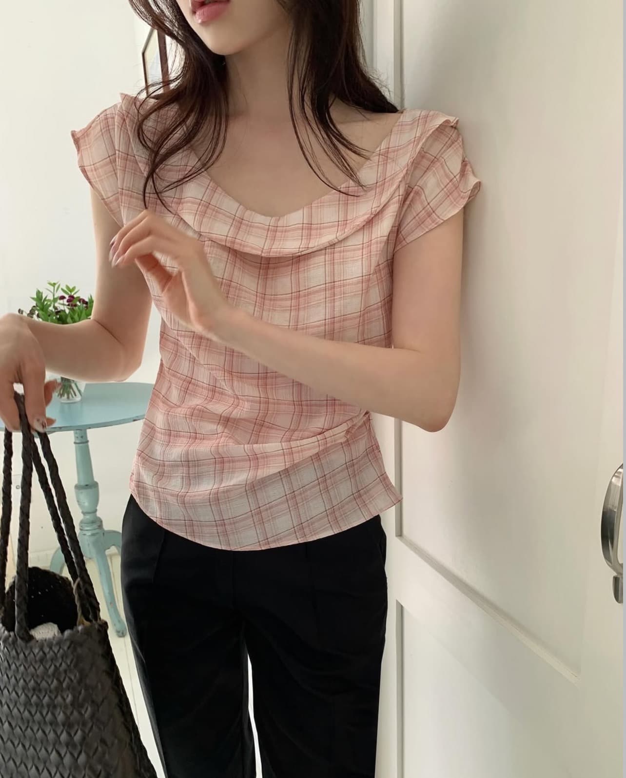 있음 선적 사이즈 업데이트 한국 chic 여름 새로운 레트로 달콤함 체크무늬 얇은 스타일 프릴 반팔 셔츠 상세 이미지 16