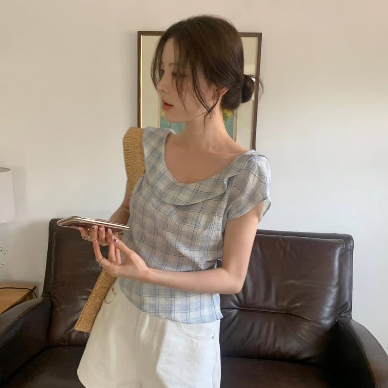 있음 선적 사이즈 업데이트 한국 chic 여름 새로운 레트로 달콤함 체크무늬 얇은 스타일 프릴 반팔 셔츠 이미지 3